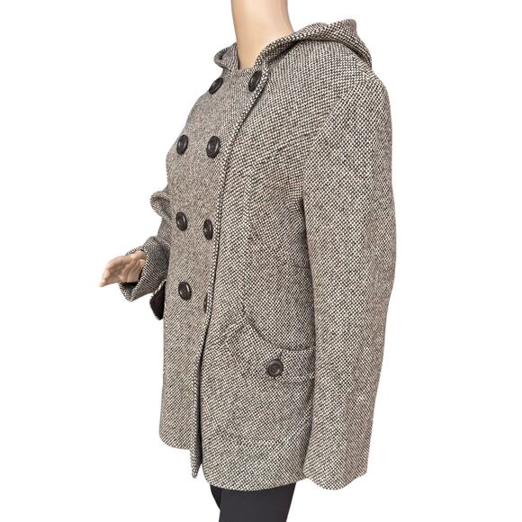 JLO XL Hooded Double Breasted Coat Wool Blend Tweed Pea Coat Long Jacket - Picture 3 of 9